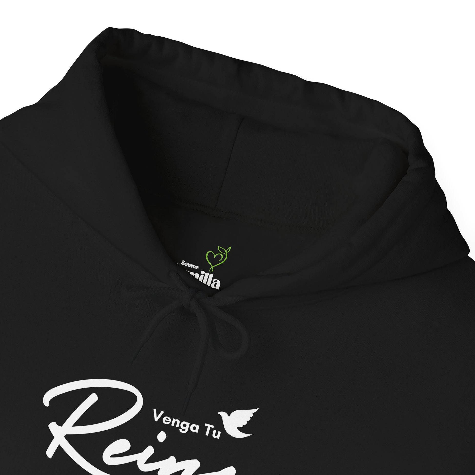 Black Christian hoodie with white 'Venga Tu Reino' text and small dove graphic