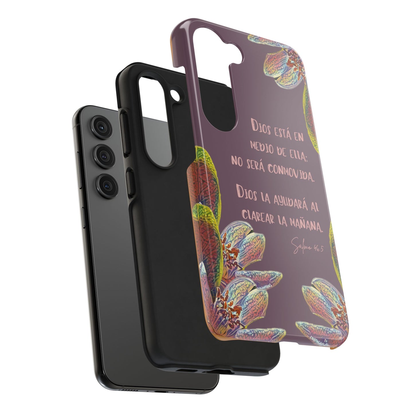 Christian floral phone case with Spanish Bible verse, modern inspirational design