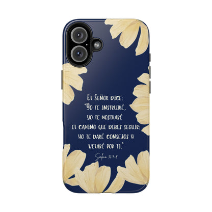 Navy blue Christian phone case with floral accents and Psalm 32:7-8 in Spanish
