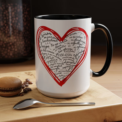 Christian mug with Spanish Scripture heart design, faith-inspired gift, on kitchen table