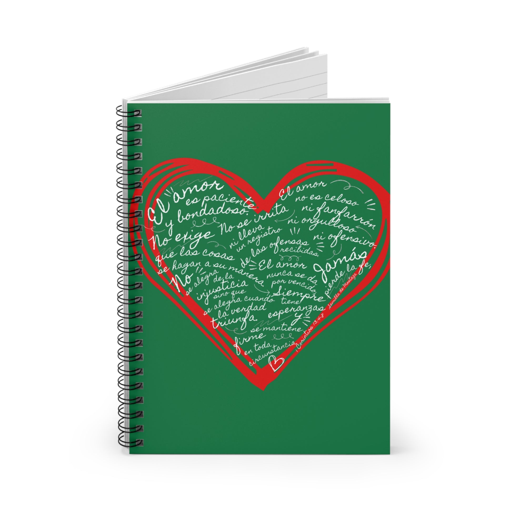 Cuaderno Cristiano con Versiculo de Amor en Verde - Christian Notebook - 1 Corinthians 13 Love is Patient - Somos Semilla De Mostaza