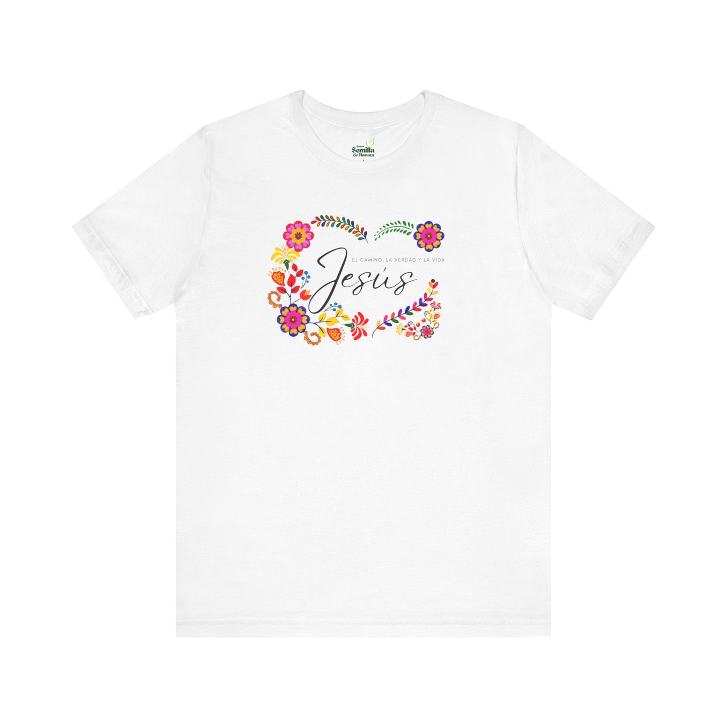 White Christian t-shirt with 'Jesus' and Spanish Bible verse, colorful floral design