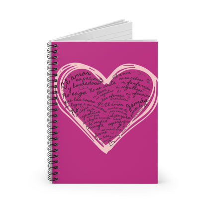 Pink Christian notebook with heart design and Spanish scripture on the cover