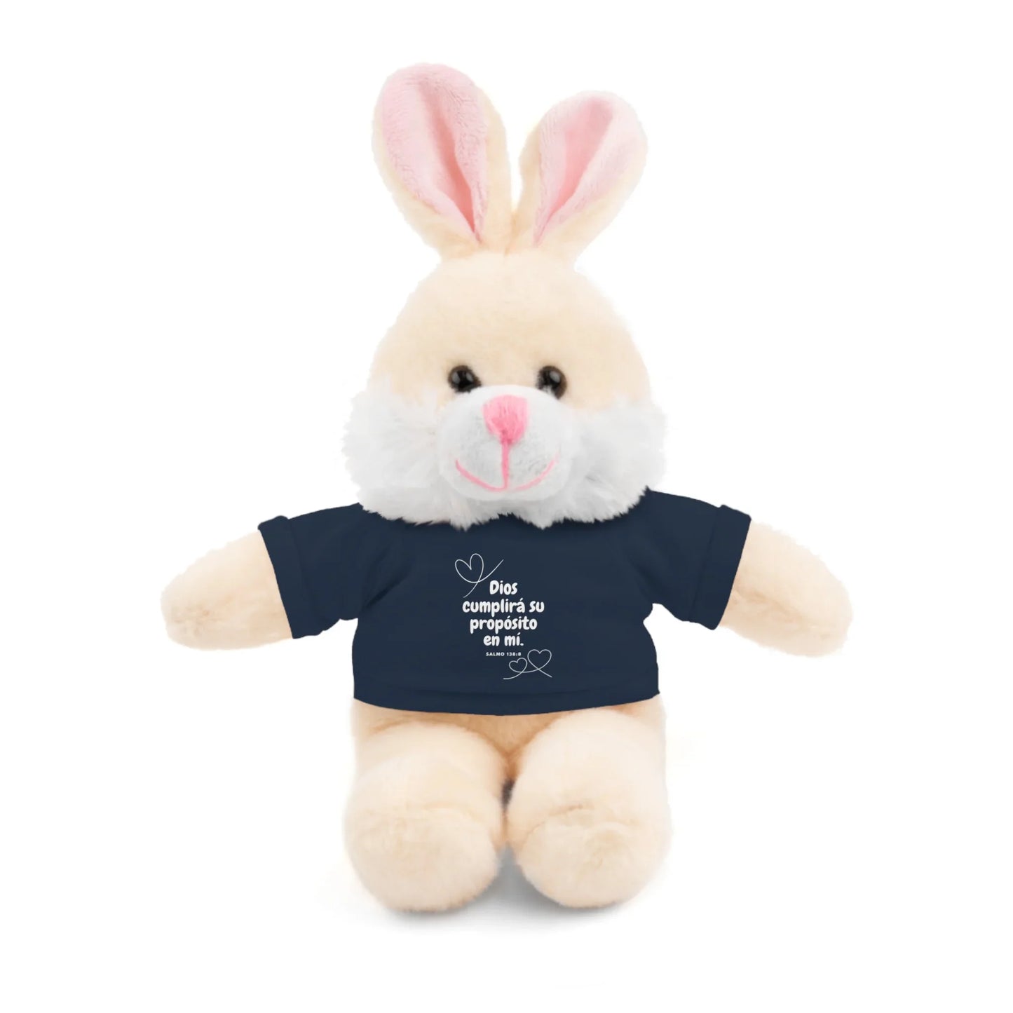 Plush bunny wearing navy shirt with Christian Spanish message, faith gift idea