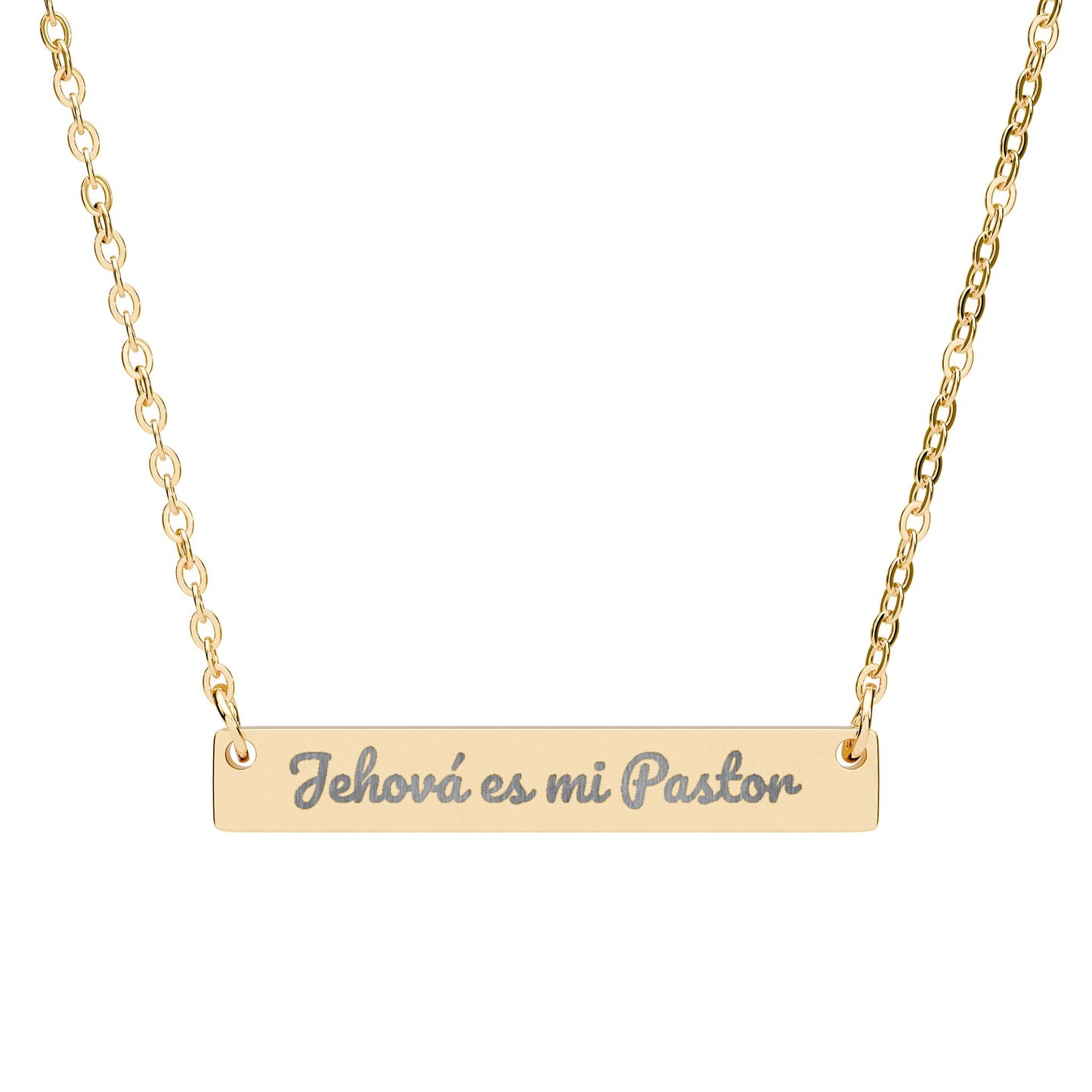 Gold necklace with engraved bar pendant reading 'Jehová es mi Pastor,' Christian jewelry