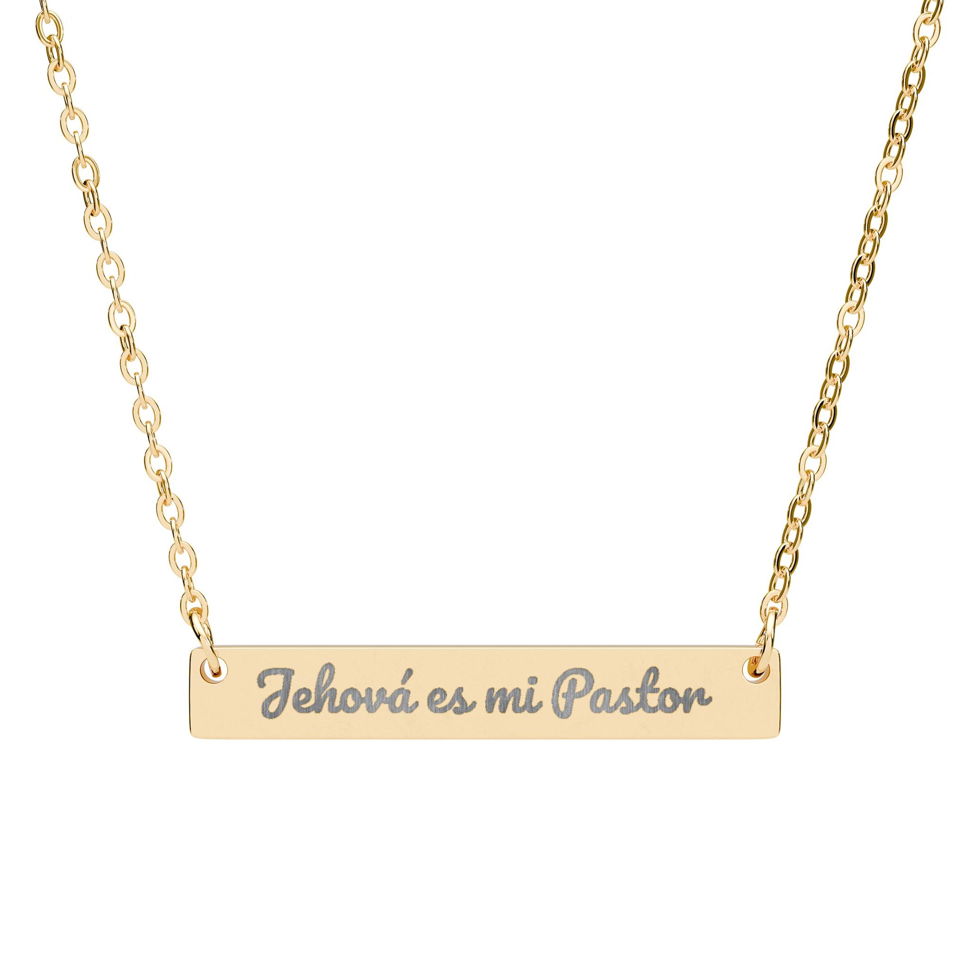 Gold necklace with engraved bar pendant reading 'Jehová es mi Pastor,' Christian jewelry