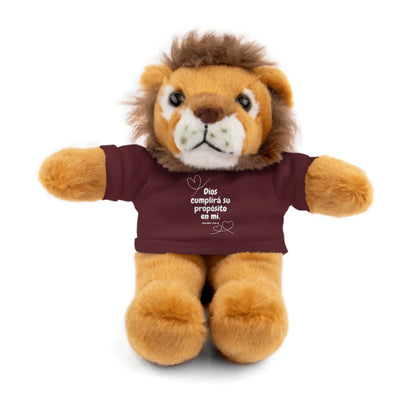 Plush lion toy wearing maroon shirt with Spanish Christian quote and heart design