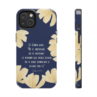 Christian phone case with Spanish Psalm 32:7-8 verse and yellow flowers on navy background