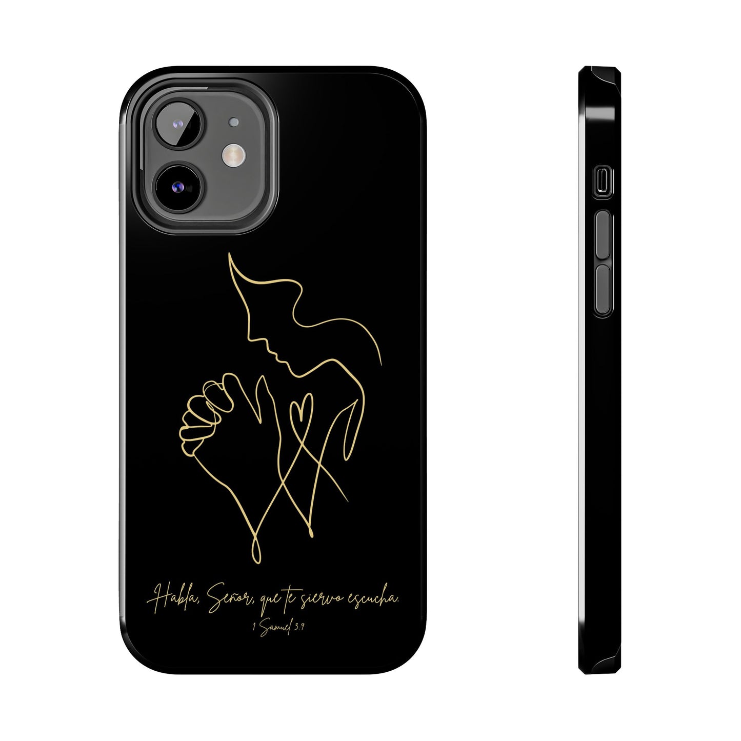 Black phone case with gold line art praying figure and Scripture in Spanish