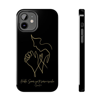 Black phone case with gold line art praying figure and Scripture in Spanish
