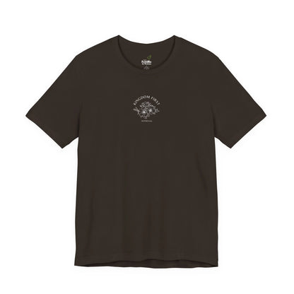 Black Christian t-shirt with 'Kingdom First' and floral design, modern faith apparel