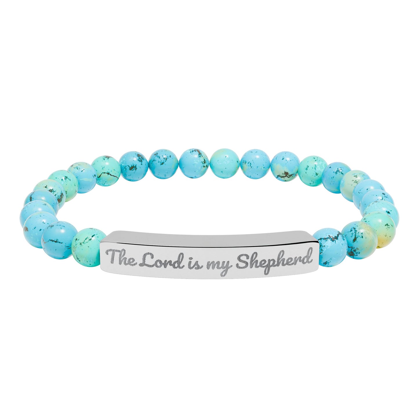 Blue beaded bracelet with metal plate engraved 'The Lord is my Shepherd', Christian jewelry