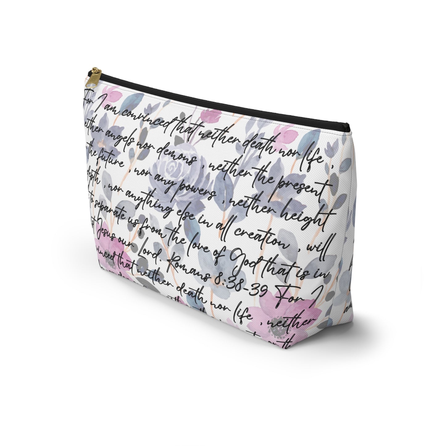 Floral Christian makeup bag with Romans 8:38-39 Scripture in black script text