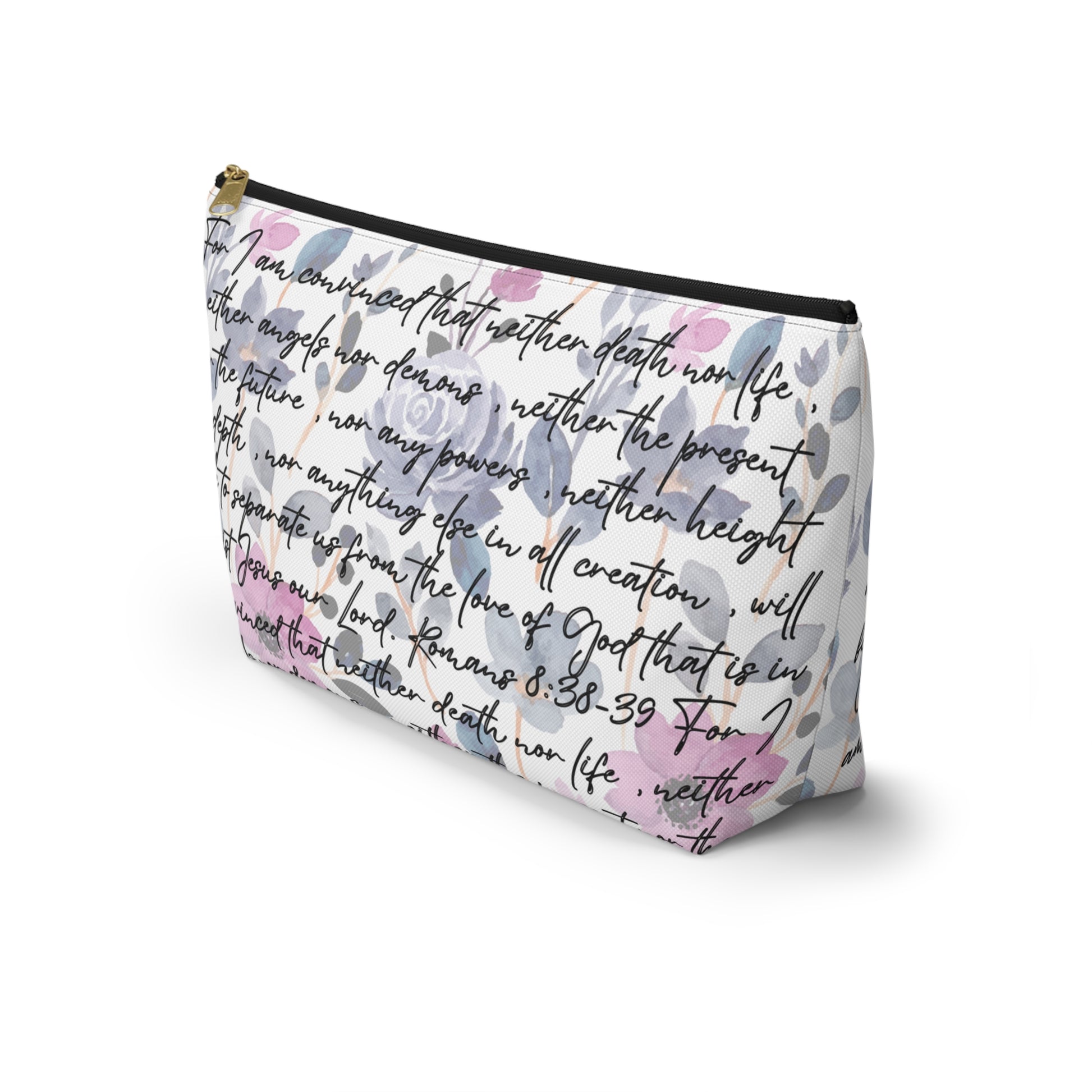 Floral Christian makeup bag with Romans 8:38-39 Scripture in black script text