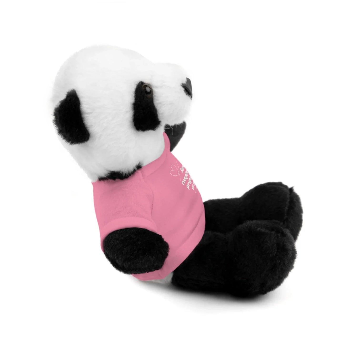 Plush panda toy wearing a pink inspirational Christian message t-shirt, side view