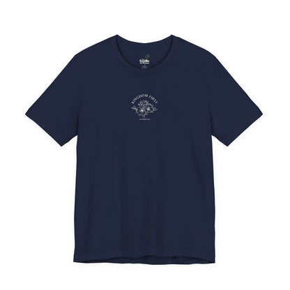 Navy blue Christian t-shirt with 'Kingdom First' and floral design, faith apparel