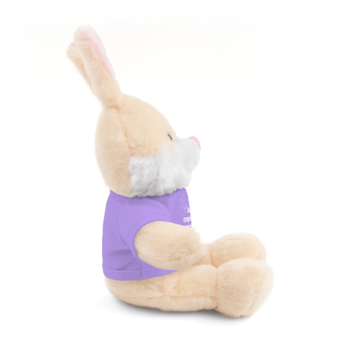Plush bunny wearing a purple shirt, sitting upright on a white background