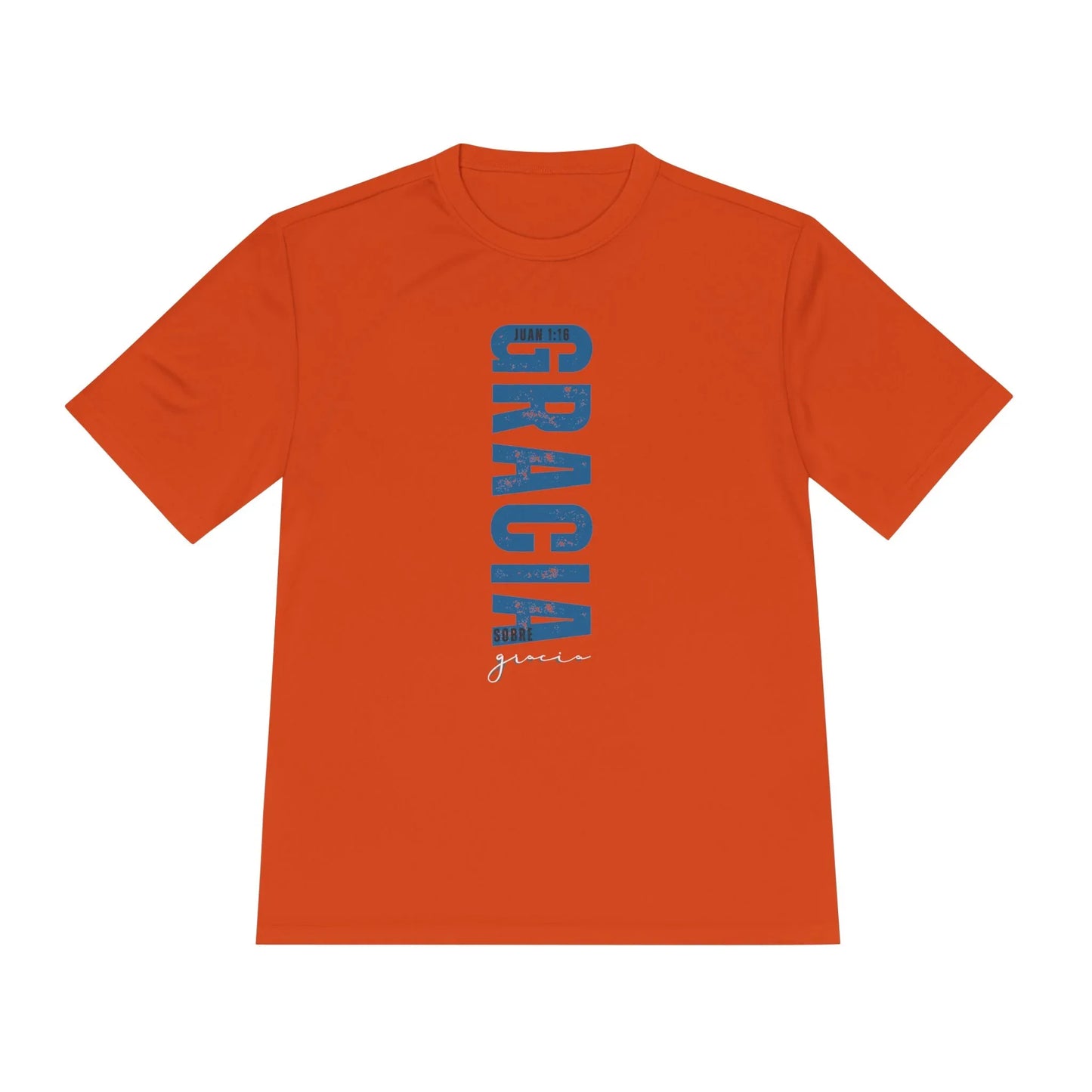 Orange Christian t-shirt with vertical blue 'Gracia sobre gracia' Juan 1:16 faith design