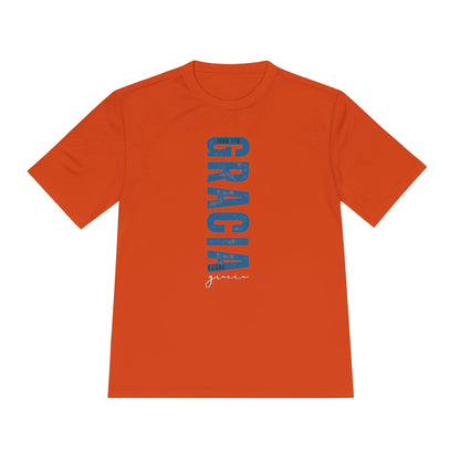 Orange Christian t-shirt with vertical blue 'Gracia sobre gracia' Juan 1:16 faith design
