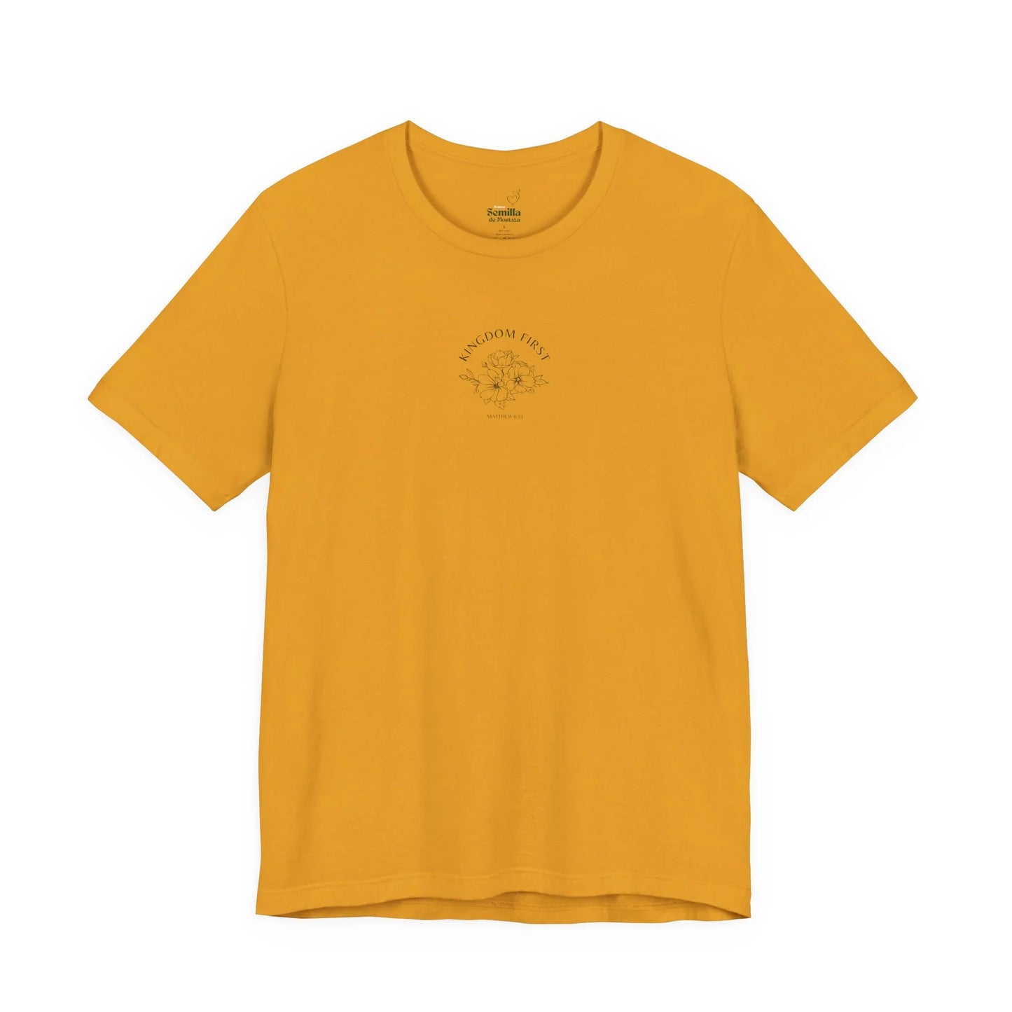 Mustard yellow Christian t-shirt with 'Kingdom First' and floral graphic on front
