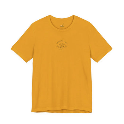 Mustard yellow Christian t-shirt with 'Kingdom First' and floral graphic on front