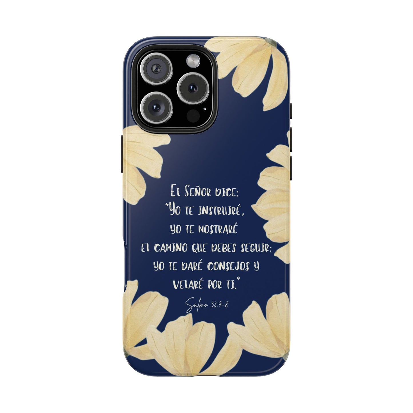 Navy blue Christian phone case with yellow floral design and Psalm 32:7-8 in Spanish.