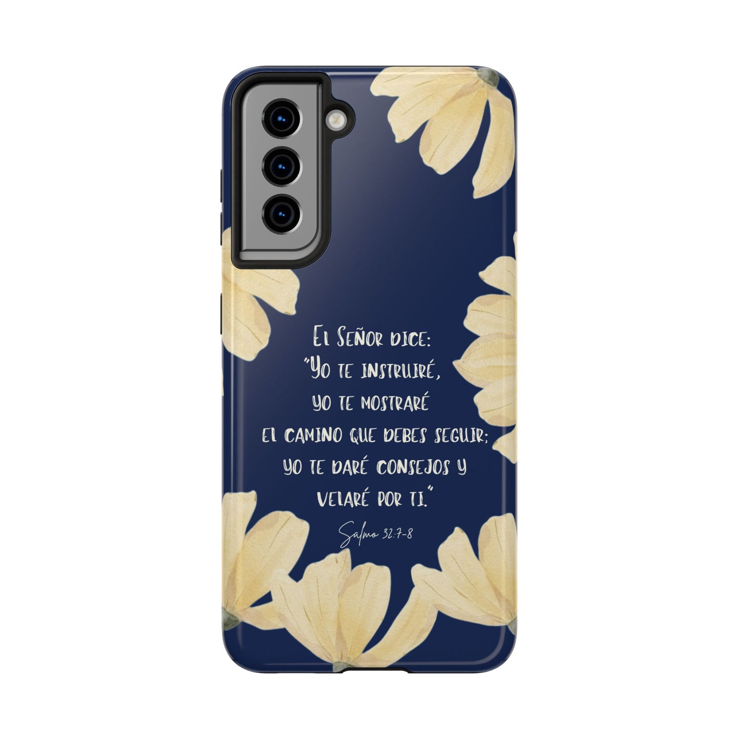 Navy phone case with floral design and Spanish Bible verse, Christian inspirational accessory.