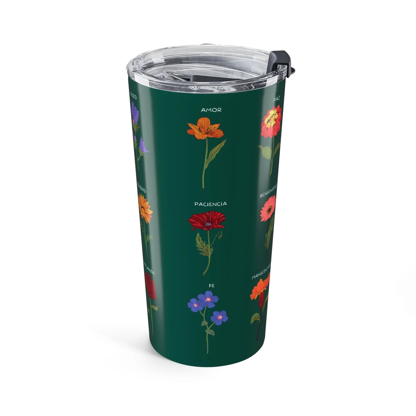Taza térmica verde con flores coloridas y palabras cristianas como amor, fe y paciencia