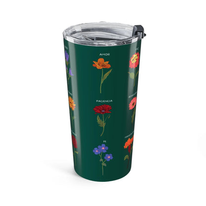 Taza térmica verde con flores coloridas y palabras cristianas como amor, fe y paciencia