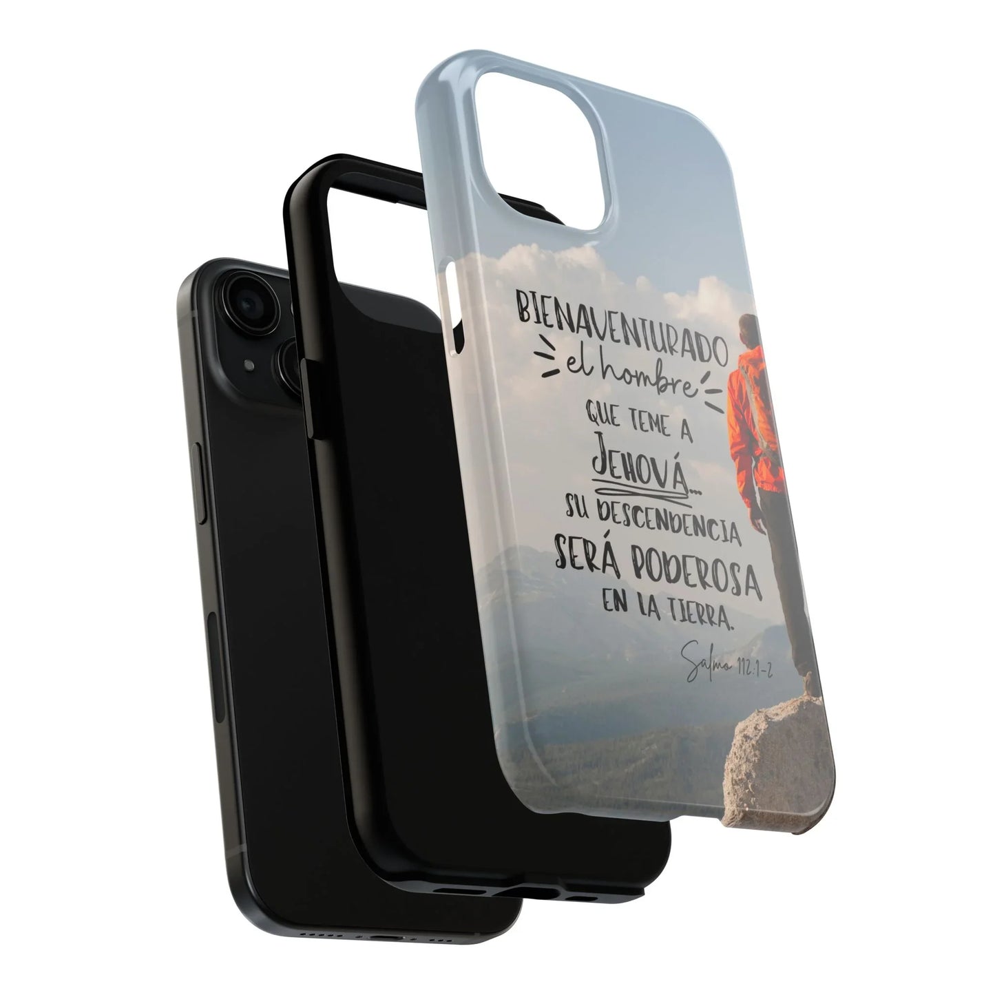 Christian phone case with Psalm 112:1-2 in Spanish, hiker and mountain background