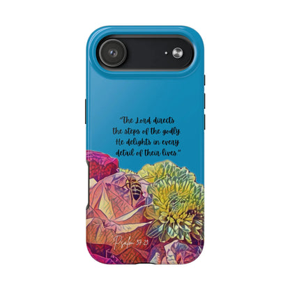 Blue Christian phone case with Psalm 37:23 quote and colorful floral design