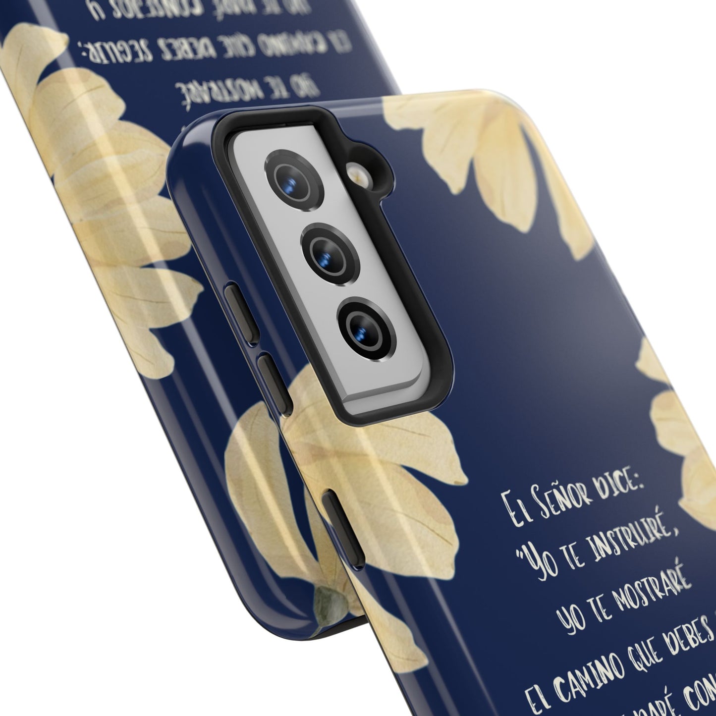Navy blue phone case with yellow floral design and Christian Spanish Bible verse text