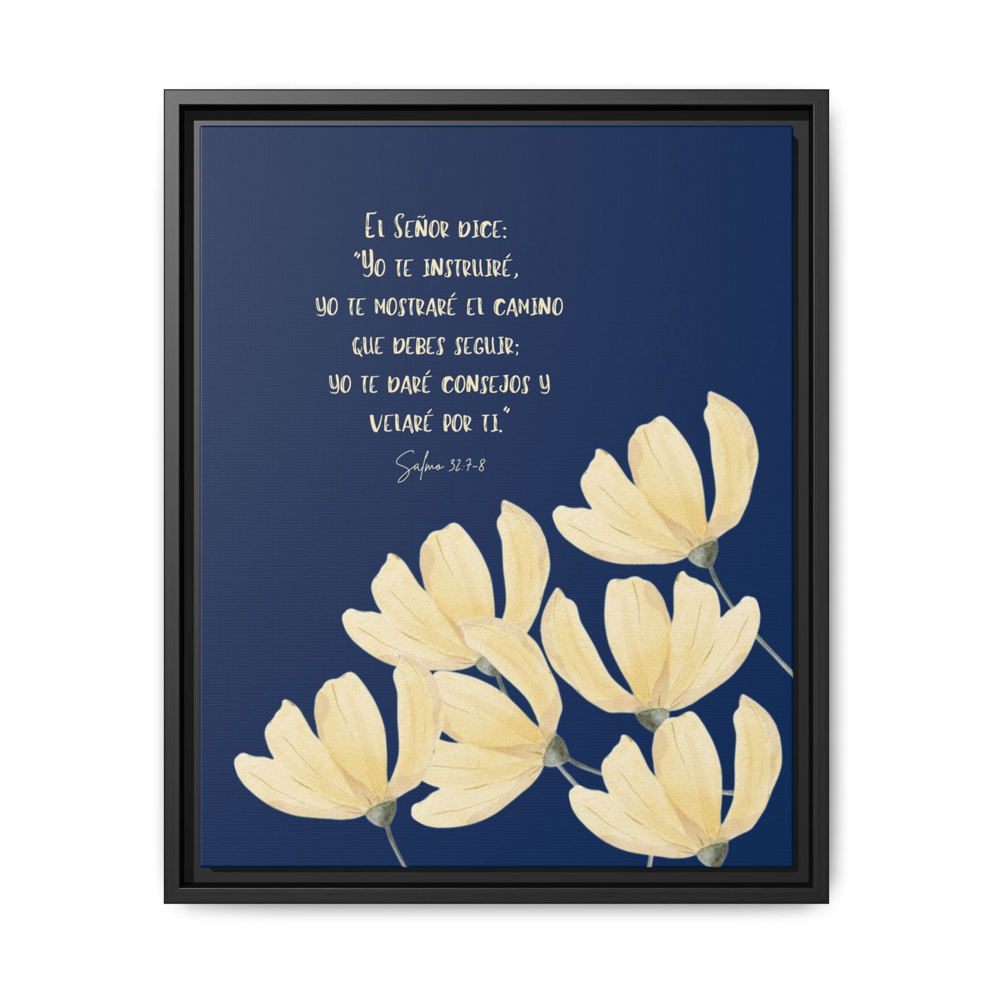 Christian wall art with Spanish Bible verse, yellow flowers on blue background, Psalm 32:7-8