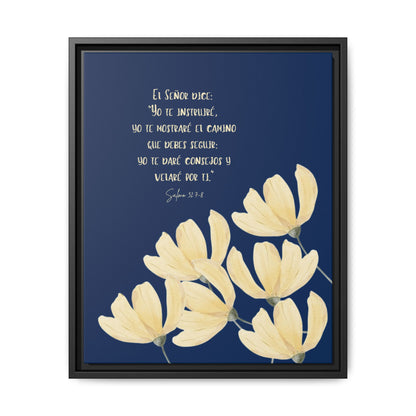 Christian wall art with Spanish Bible verse, yellow flowers on blue background, Psalm 32:7-8