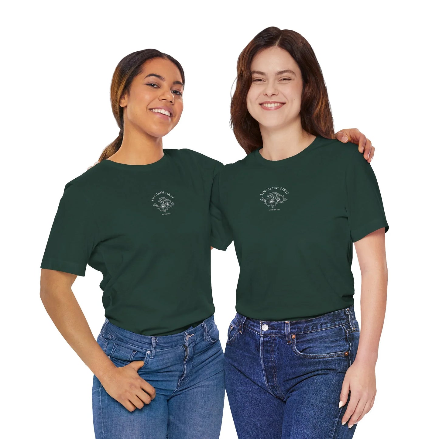 Two women wearing dark green Christian graphic t-shirts with uplifting text