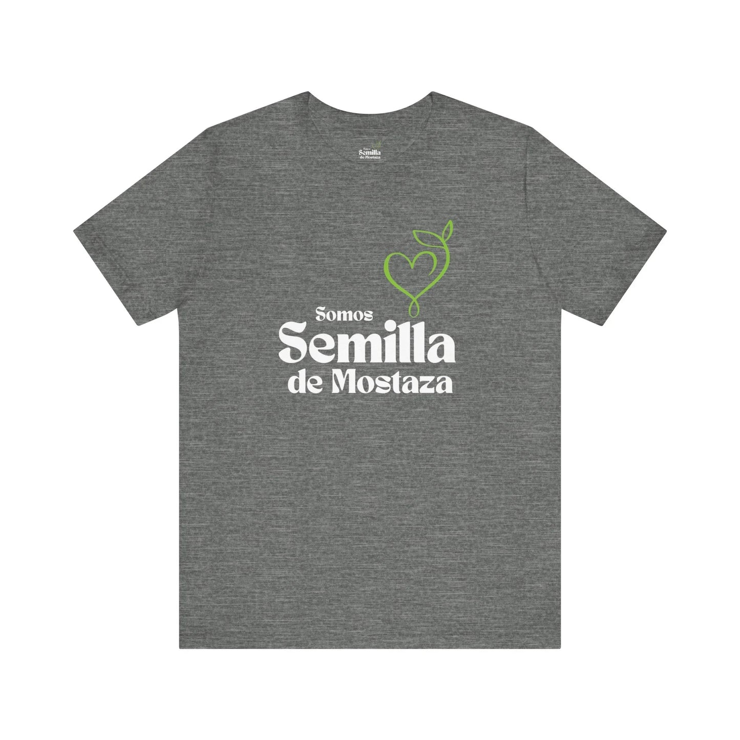Gray Christian t-shirt with 'Somos Semilla de Mostaza' text and green heart sprout graphic.