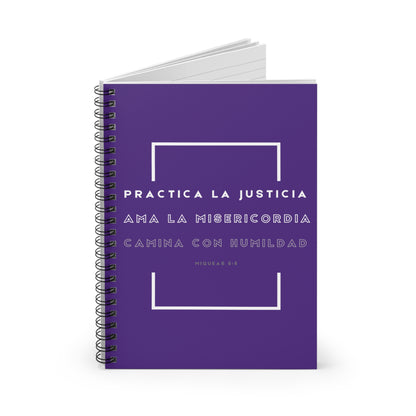 Purple spiral notebook with Spanish Bible verse design, Christian stationery gift