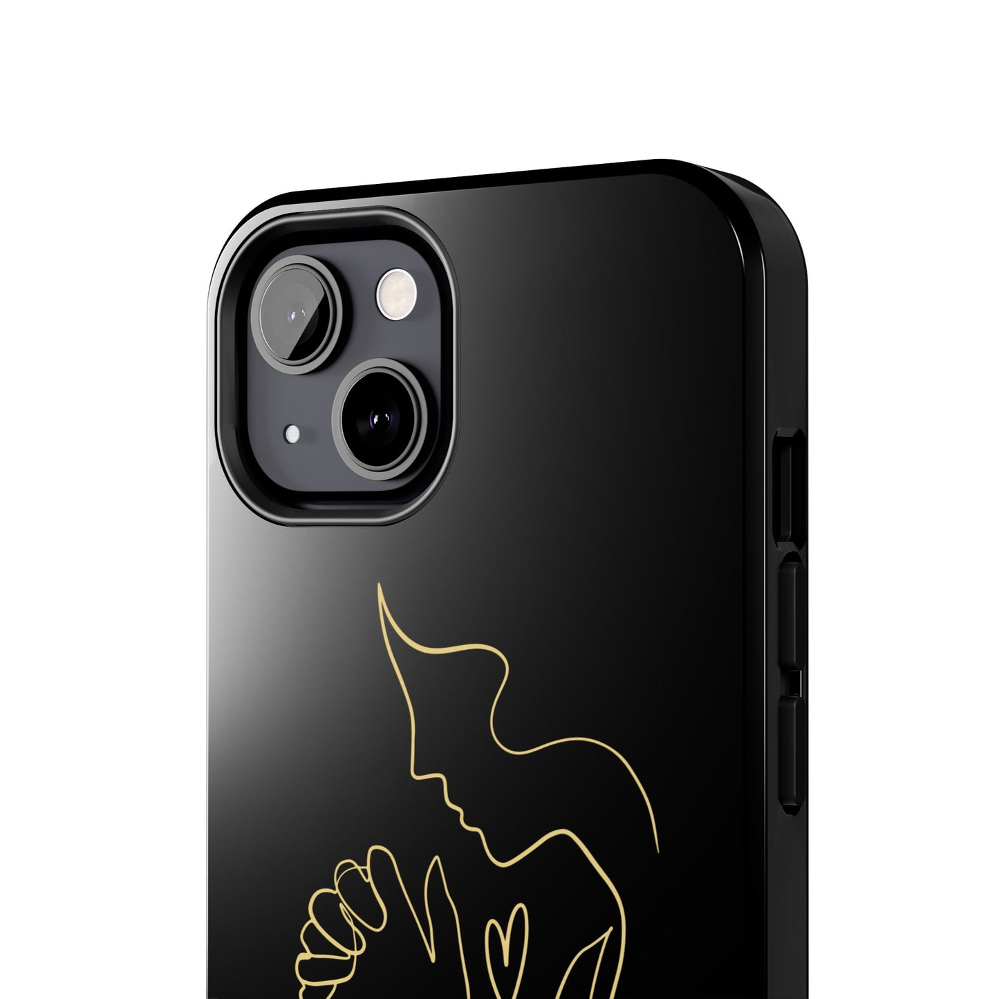 Black phone case with minimalist gold line art of praying figure, Christian inspirational design