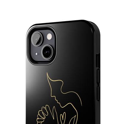 Black phone case with minimalist gold line art of praying figure, Christian inspirational design
