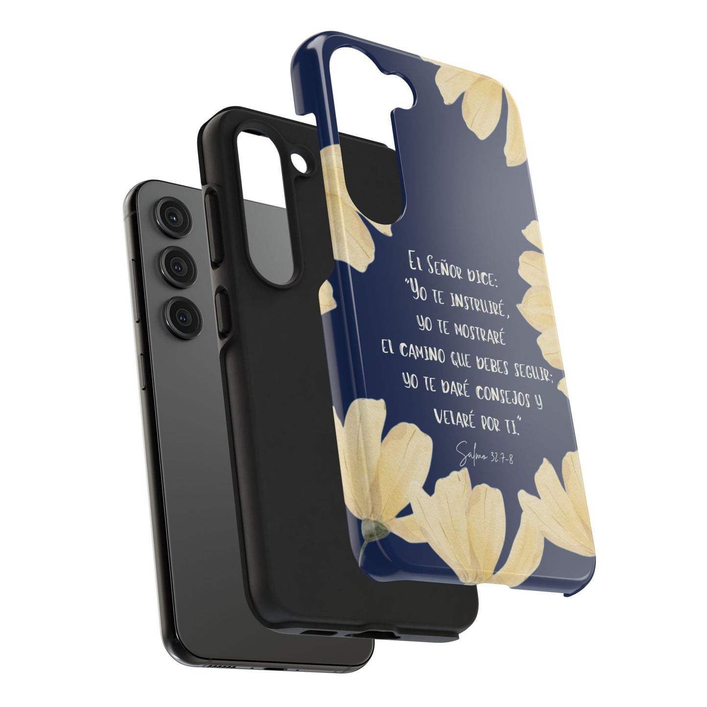 Christian phone case with yellow flowers and Spanish scripture on a navy blue background