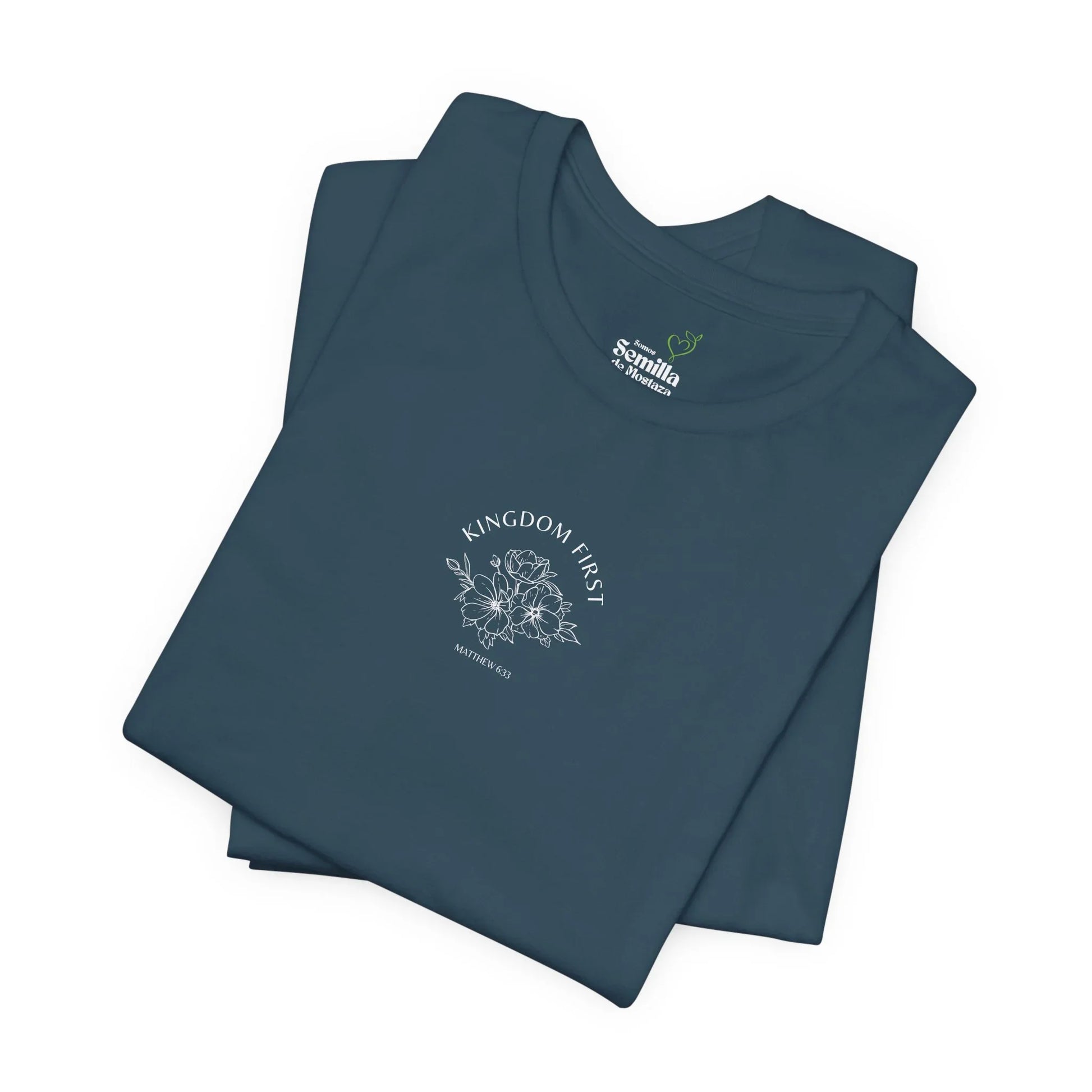 Blue Christian t-shirt with 'Kingdom First' text, Scripture, and floral design.