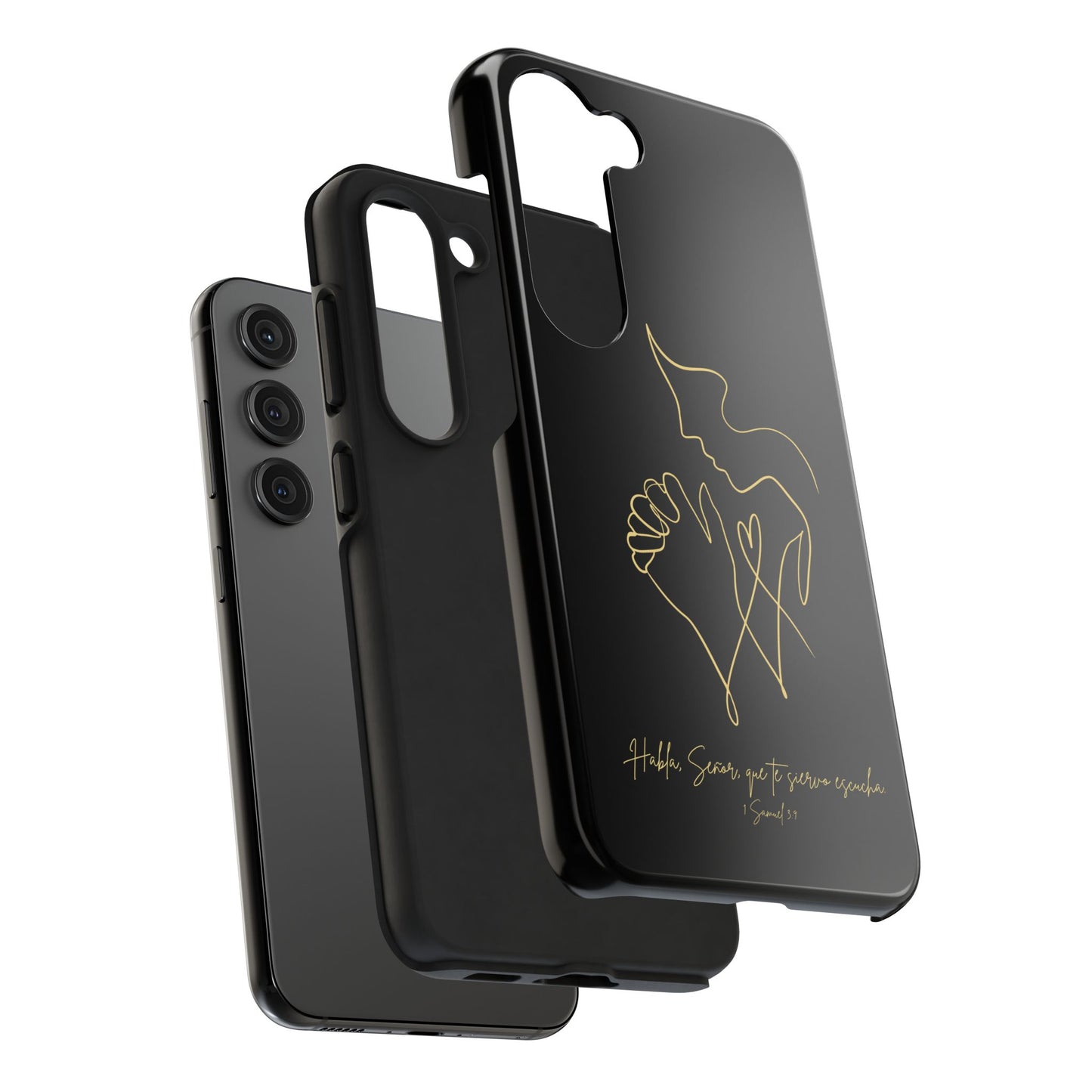 Black Christian phone case with gold line art and prayer hands, inspirational quote in Spanish