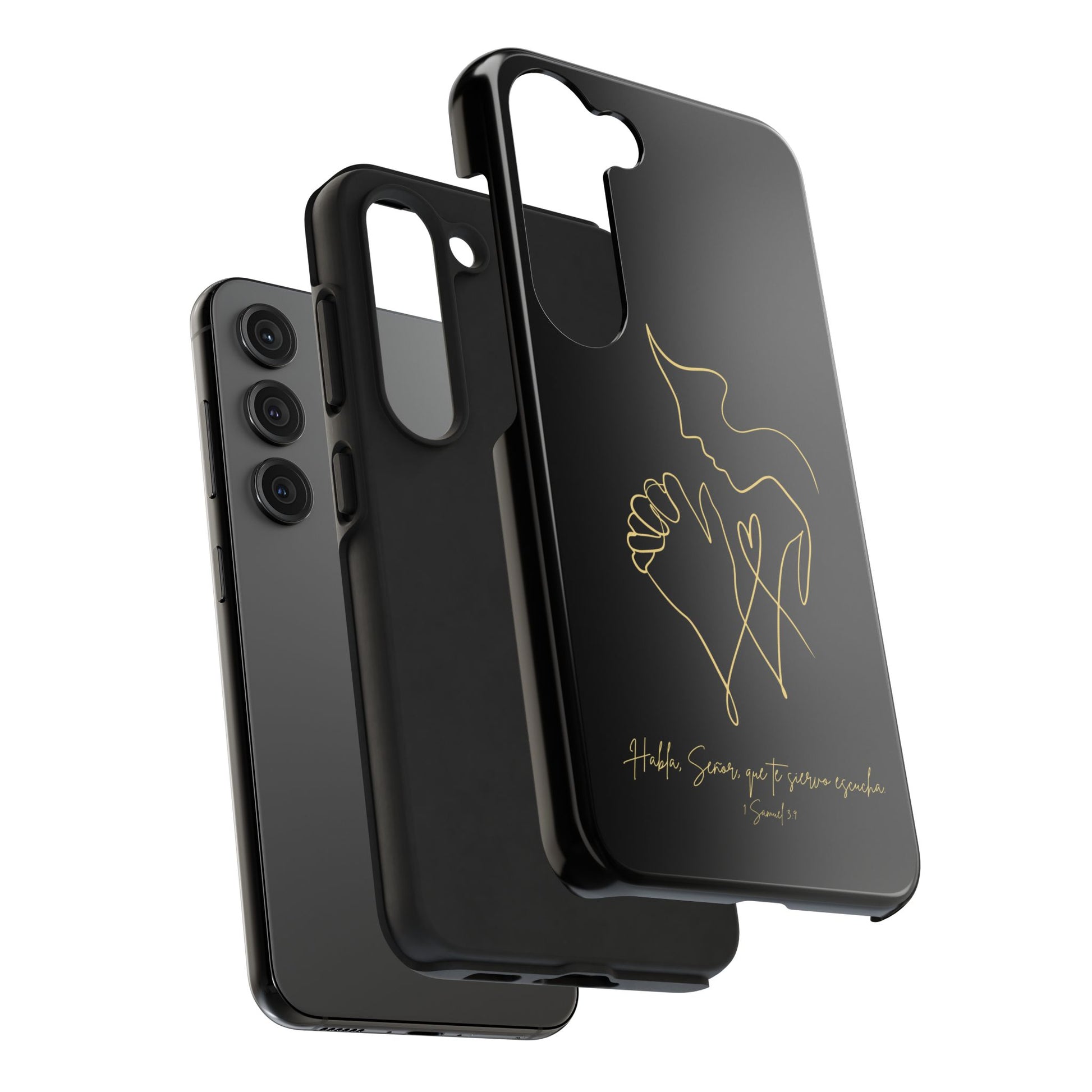 Black Christian phone case with gold line art and prayer hands, inspirational quote in Spanish