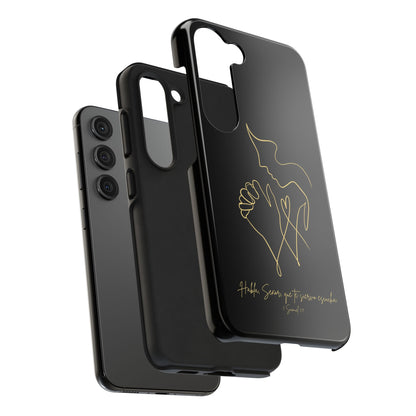 Black Christian phone case with gold line art and prayer hands, inspirational quote in Spanish