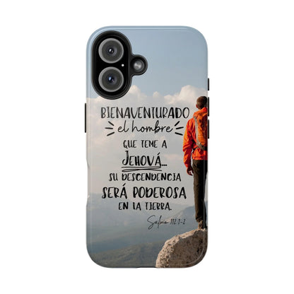 Christian phone case with Spanish Psalm 112:1-2, hiker on mountain, faith quote design